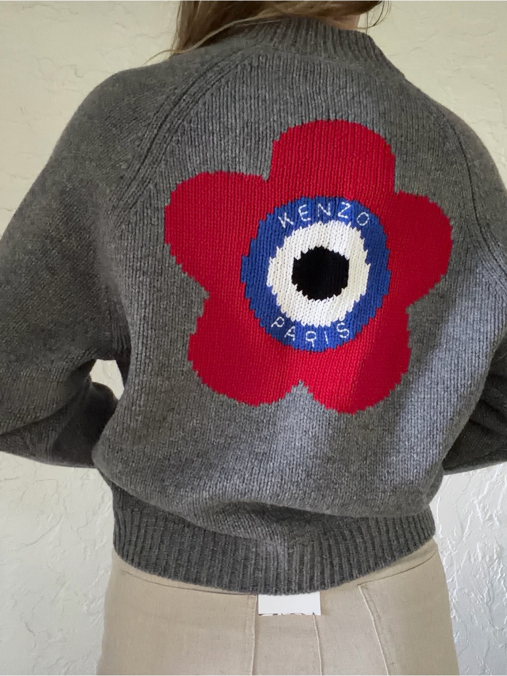 Kenzo Women Gray Crewneck Sweater with Red Floral Eye Motif